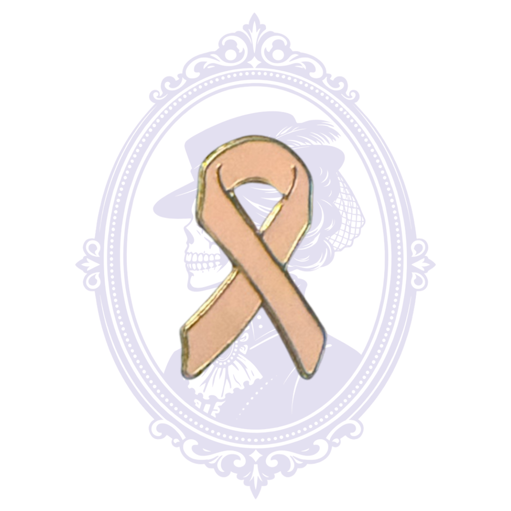 Pink ribbon lapel pin for Breast Cancer Awareness with gold-tone metal edging.