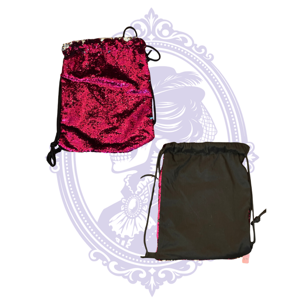 Front and reverse views of hot pink sequin drawstring backpack