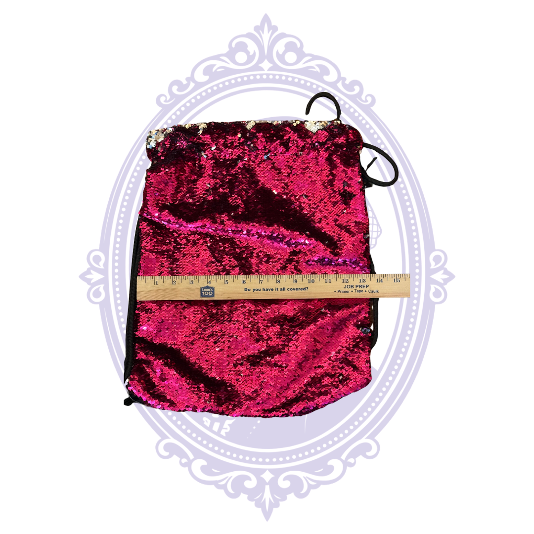 Hot pink sequin drawstring backpack, front view
