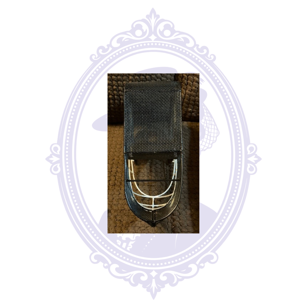 Bottom view of Pittsburgh Penguins metal goalie mask wine cork holder showing the black mesh construction and white wire face cage extending from the mask.