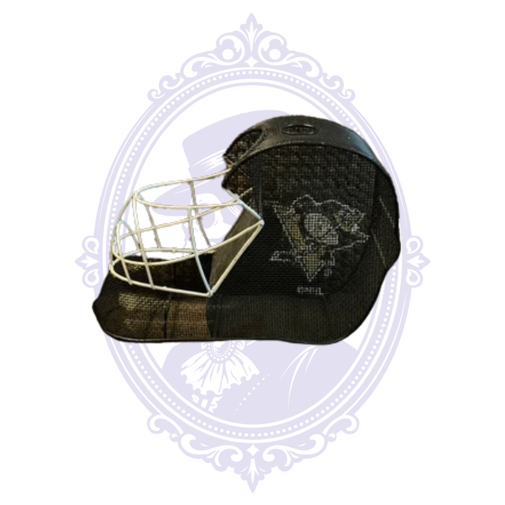 Pittsburgh Penguins goalie mask wine cork holder shown from the side, featuring a black metal mesh body, white wire face cage, and Penguins team logo.