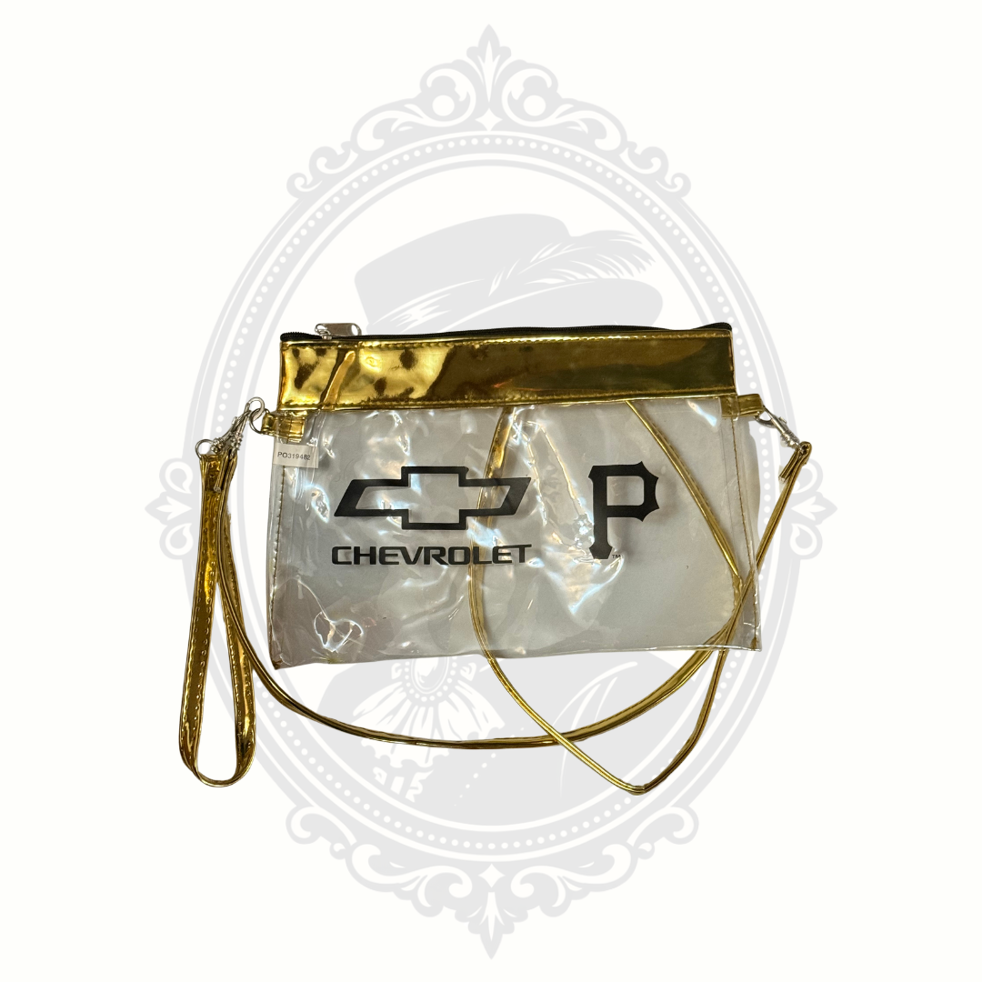 Clear Pittsburgh Pirates crossbody bag with gold trim and logo design