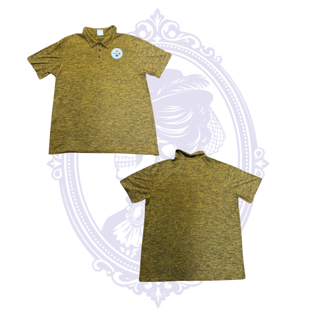 Front and back views of Pittsburgh Steelers gold heather men's performance polo.