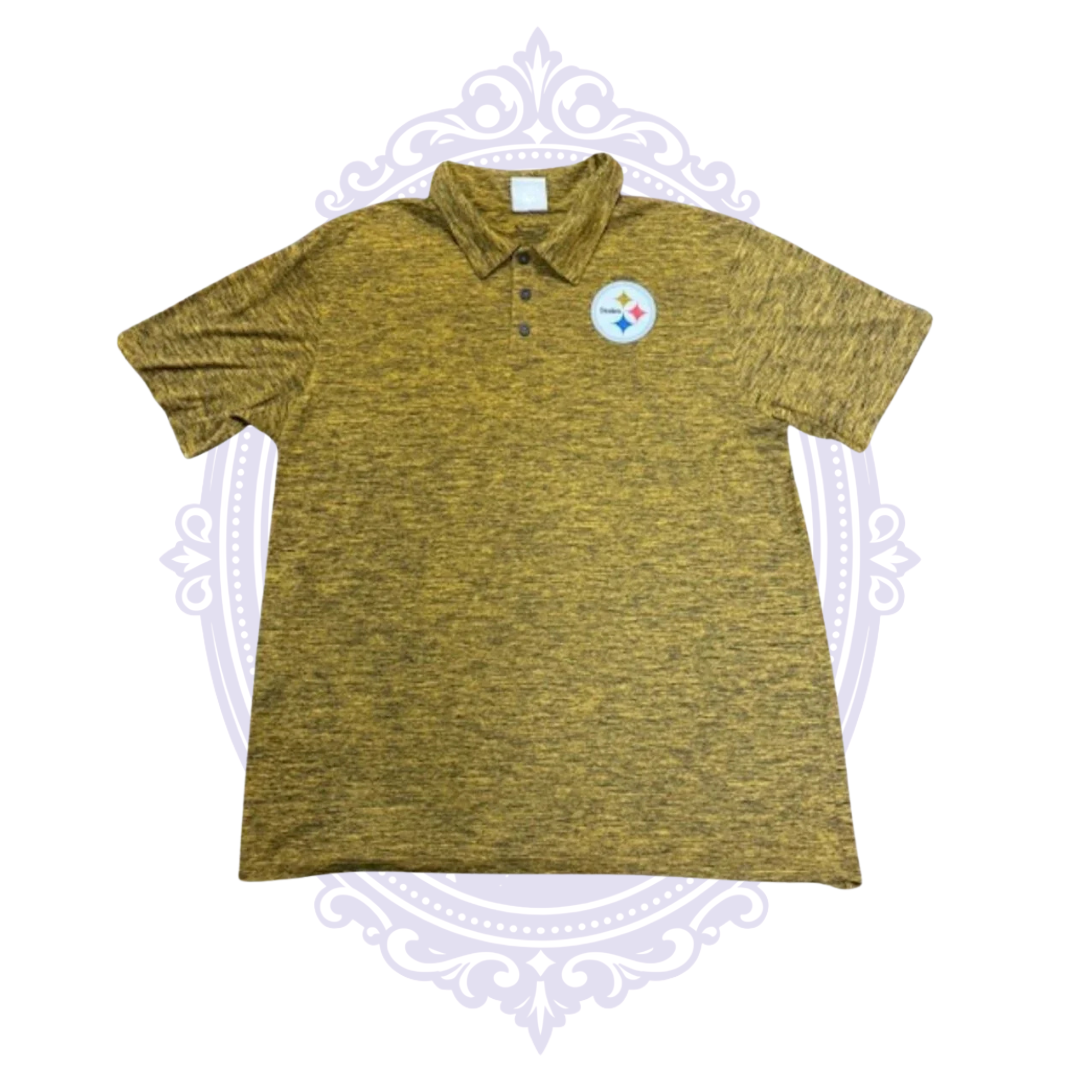 Front view of Pittsburgh Steelers men's gold heather performance polo by Augusta Sportswear with embroidered team logo.