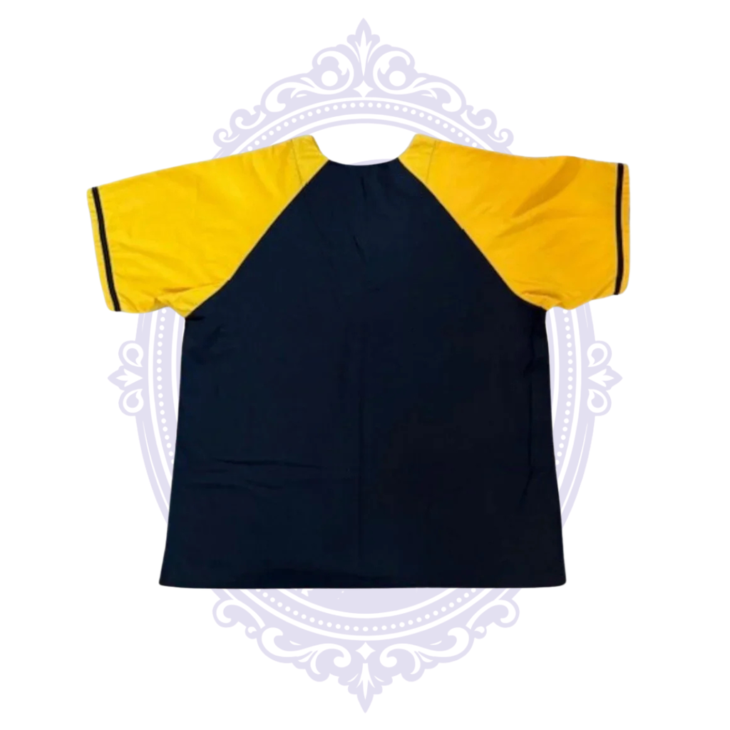 Back view of Pittsburgh Steelers women’s scrub top with black body and contrasting gold short sleeves.