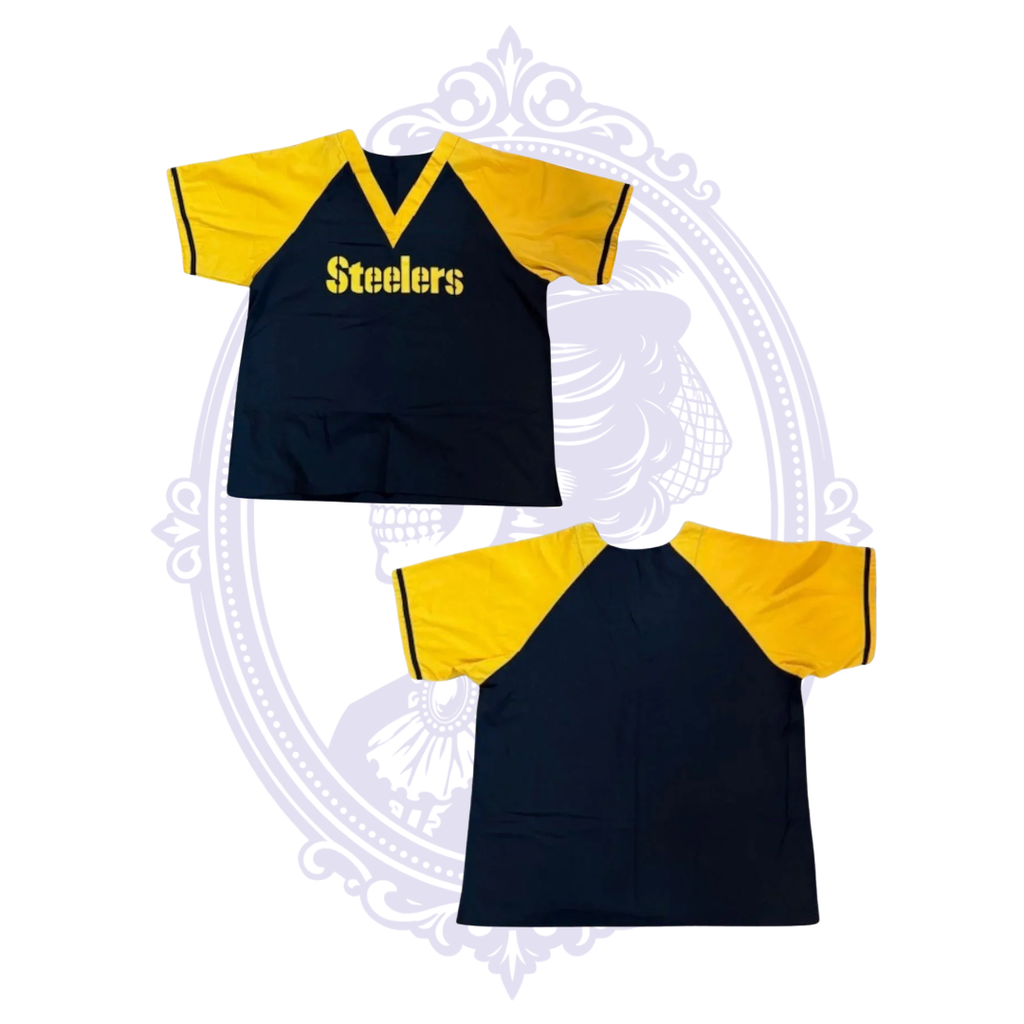 Front and back views of Pittsburgh Steelers black and gold women’s V-neck scrub top.