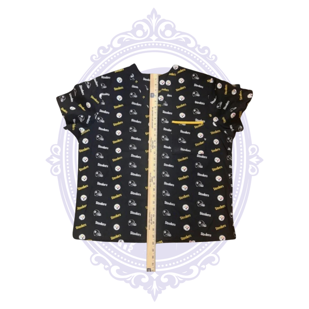 Pittsburgh Steelers black and gold women’s scrub top shown with ruler from neckline to hem for length measurement.
