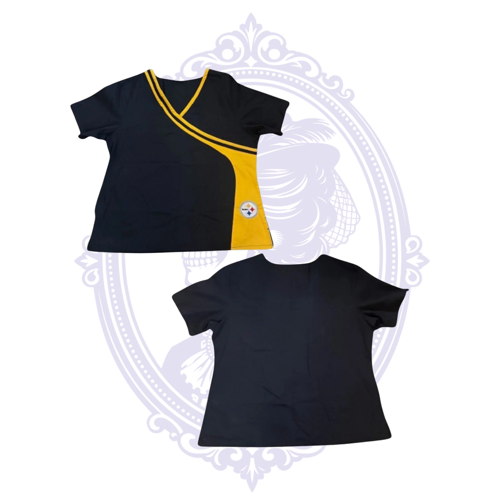 Front and back views of Pittsburgh Steelers black and gold women’s scrub top.