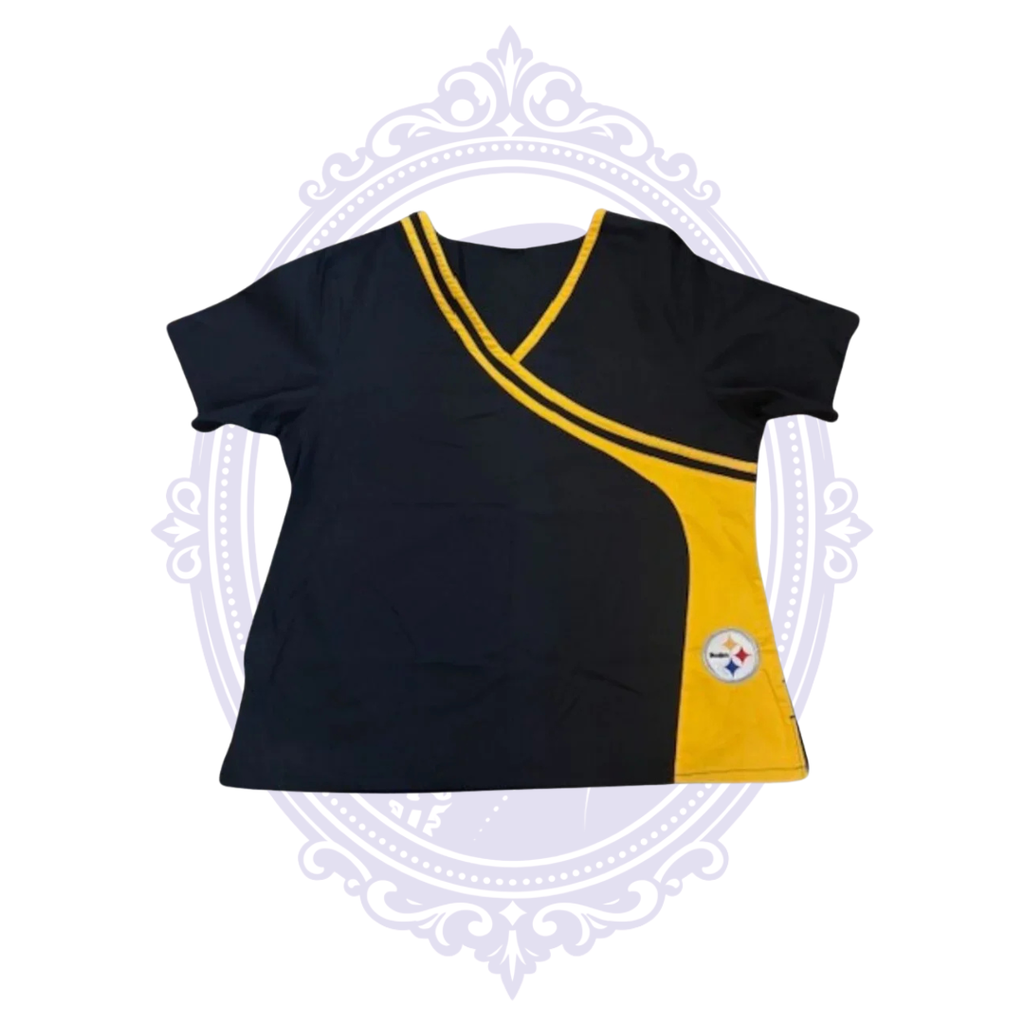 Front view of Pittsburgh Steelers women’s black scrub top with gold wrap-style neckline, gold side panel and Steelers logo patch.
