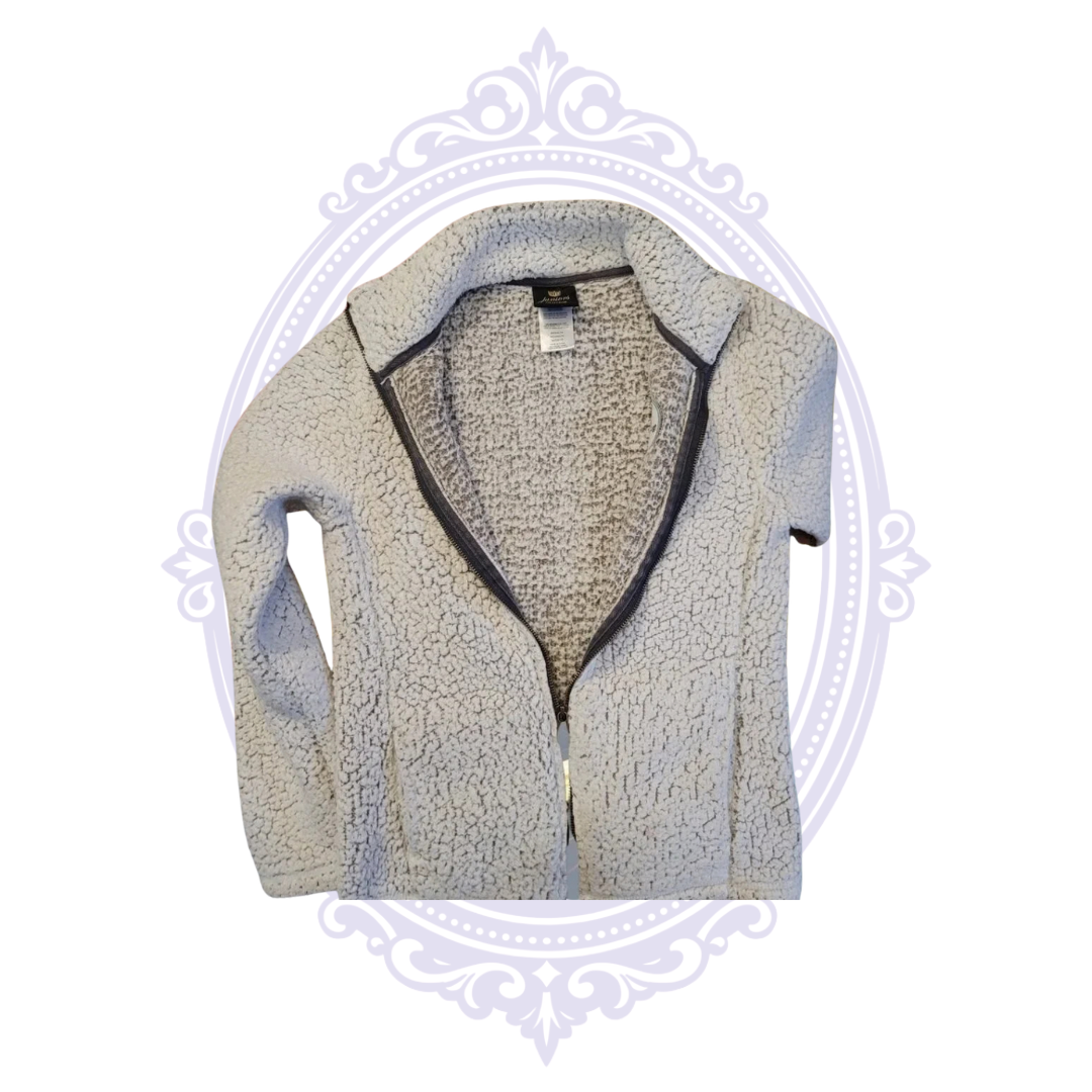Pittsburgh Steelers gray sherpa fleece jacket shown open to display the interior fleece and full zipper.