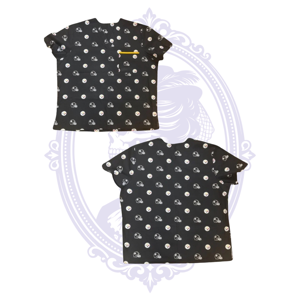 Front and back views of Pittsburgh Steelers women’s scrub top with repeating helmet and team logo print.