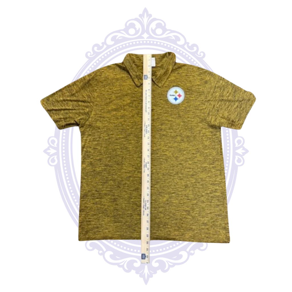 Pittsburgh Steelers men's gold performance polo shown with ruler measuring garment length.
