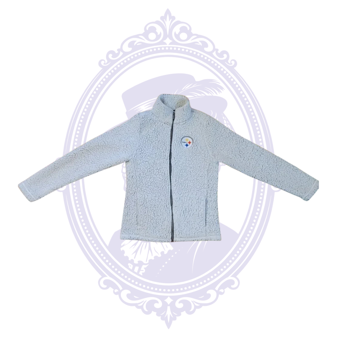 Front view of light gray Pittsburgh Steelers NFL Juniors sherpa fleece full-zip jacket with embroidered team logo.