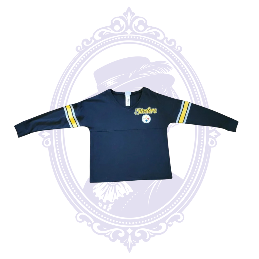 Front of black Pittsburgh Steelers NFL Teens long-sleeve V-neck shirt with gold and white sleeve stripes.
