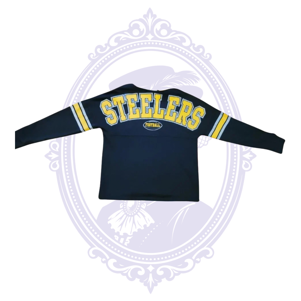Back of Pittsburgh Steelers long-sleeve shirt with large gold Steelers Football graphic.