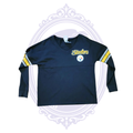 Pittsburgh Steelers V-neck shirt showing front team logos and gold and white striped long sleeves.