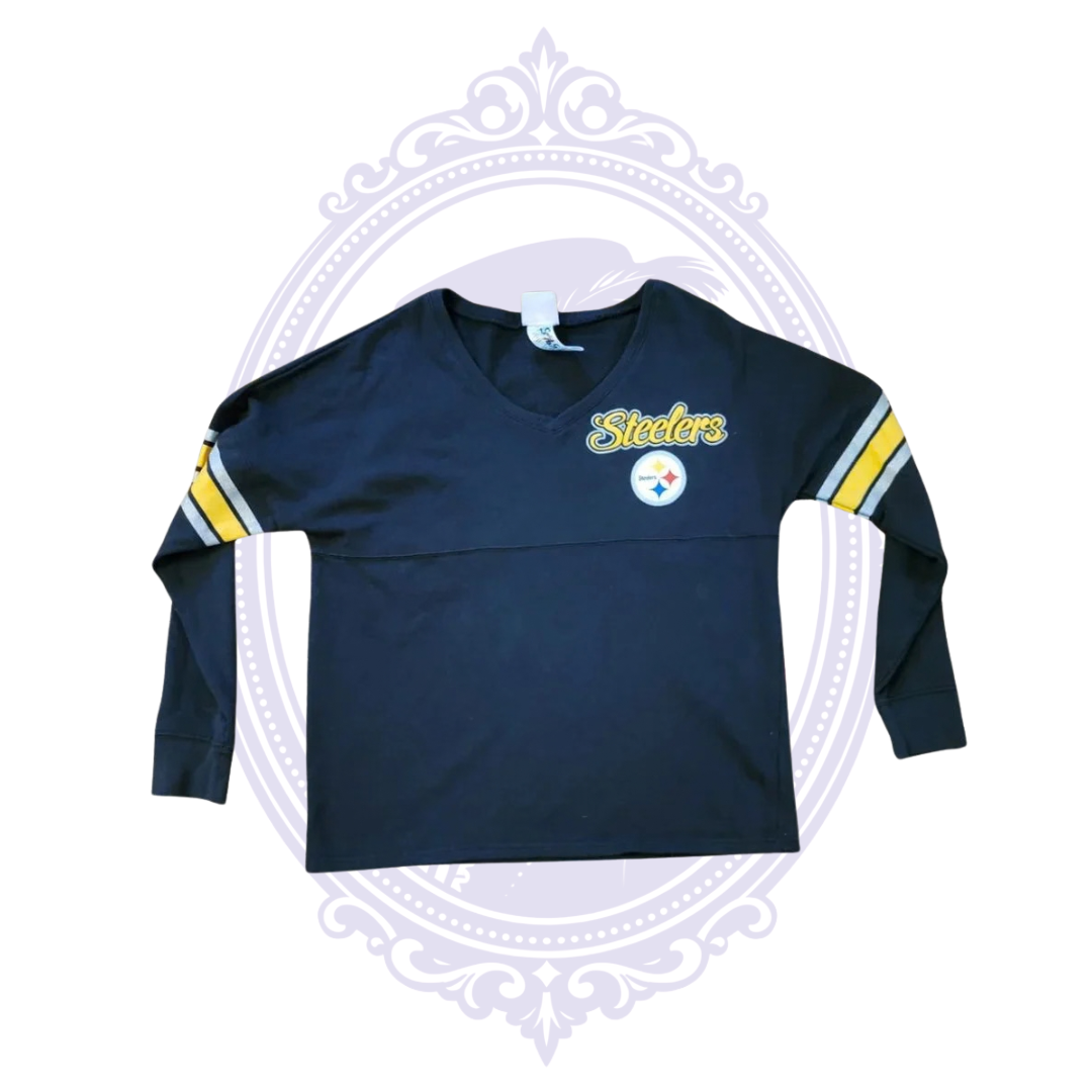 Pittsburgh Steelers V-neck shirt showing front team logos and gold and white striped long sleeves.