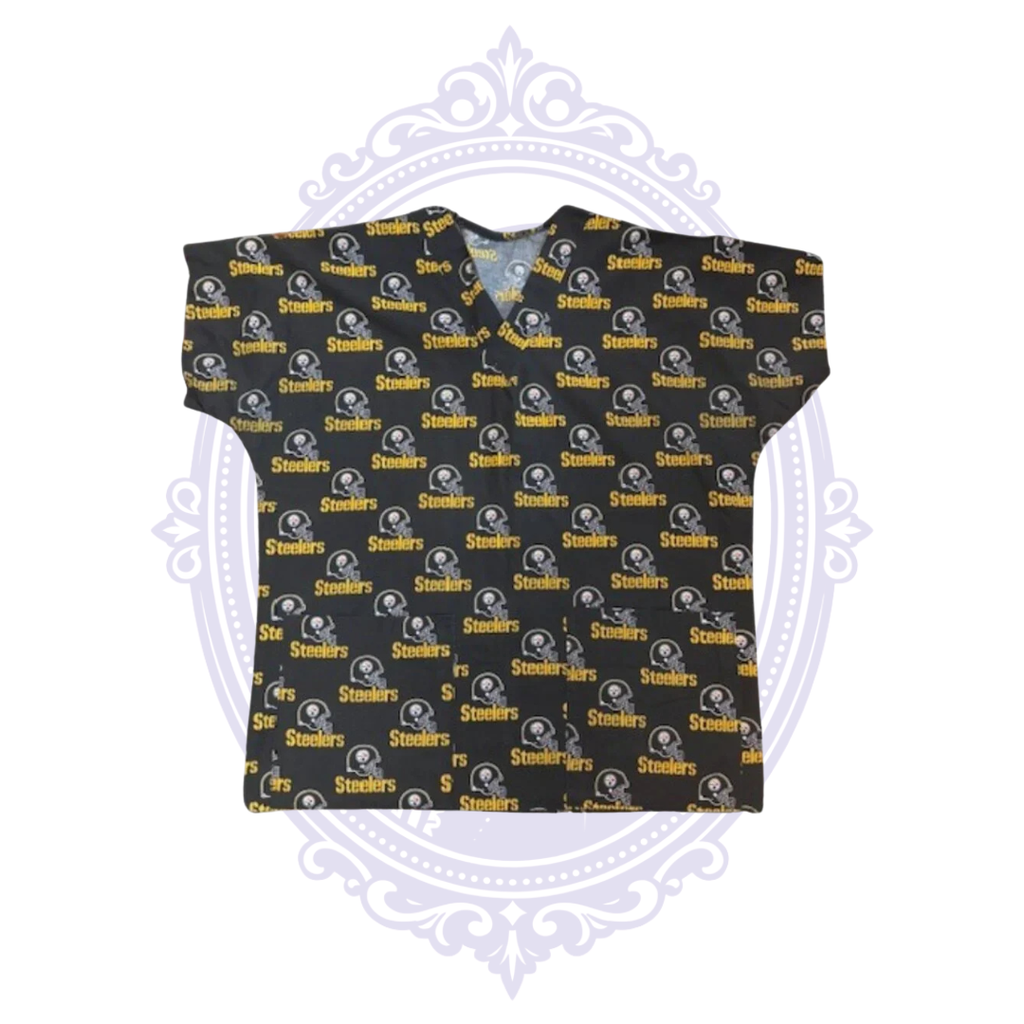 Front view of black Pittsburgh Steelers women’s scrub top with repeating helmet logos and gold Steelers wordmarks.