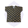Front view of black Pittsburgh Steelers women’s scrub top with repeating helmet logos and gold Steelers wordmarks.