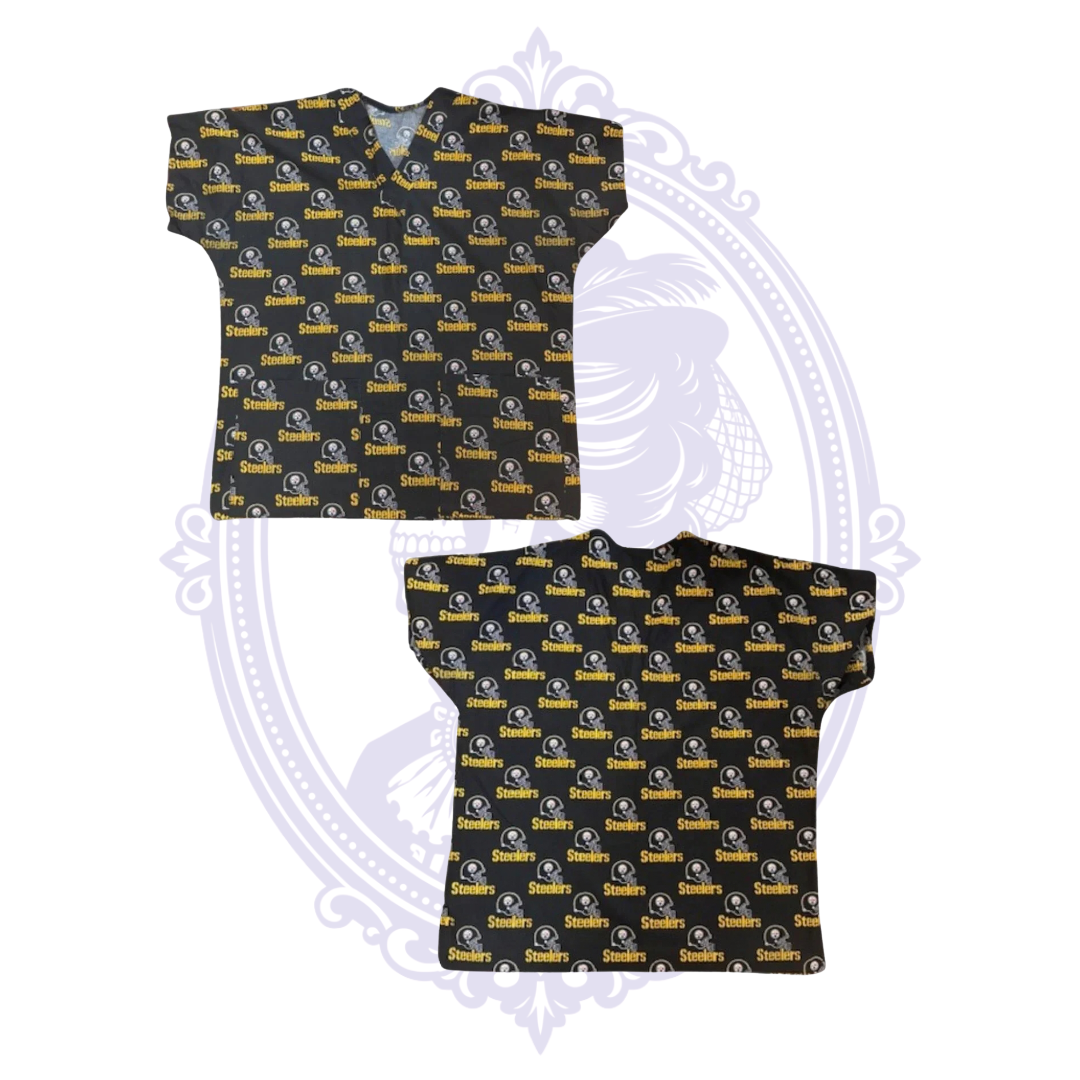 Front and back views of Pittsburgh Steelers women’s scrub top with repeating helmet and team logo print.