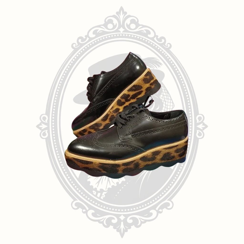 Prada Black Leather Leopard Platform Brogue Shoes – EU 40.5 – Never Worn