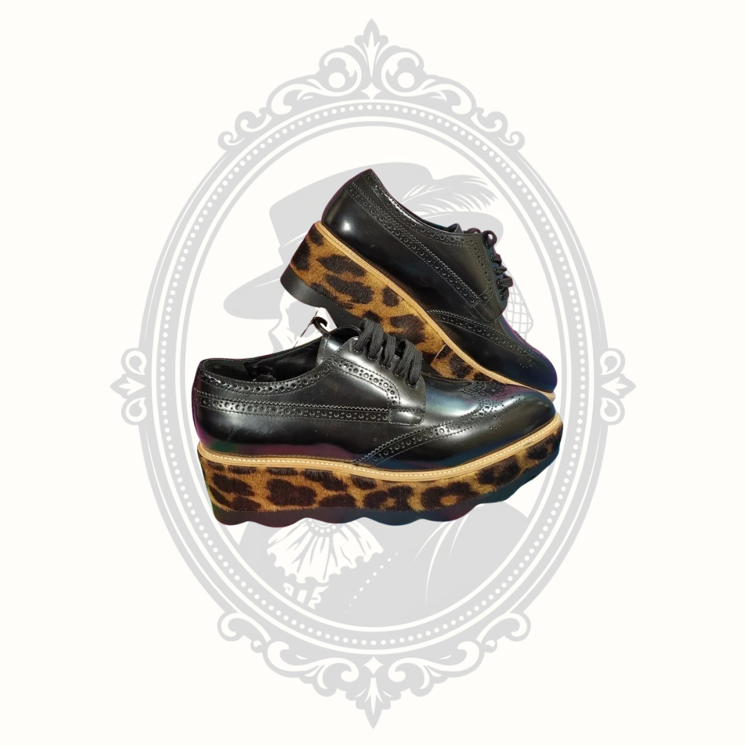 Prada Black Leather Leopard Platform Brogue Shoes – EU 40.5 – Never Worn