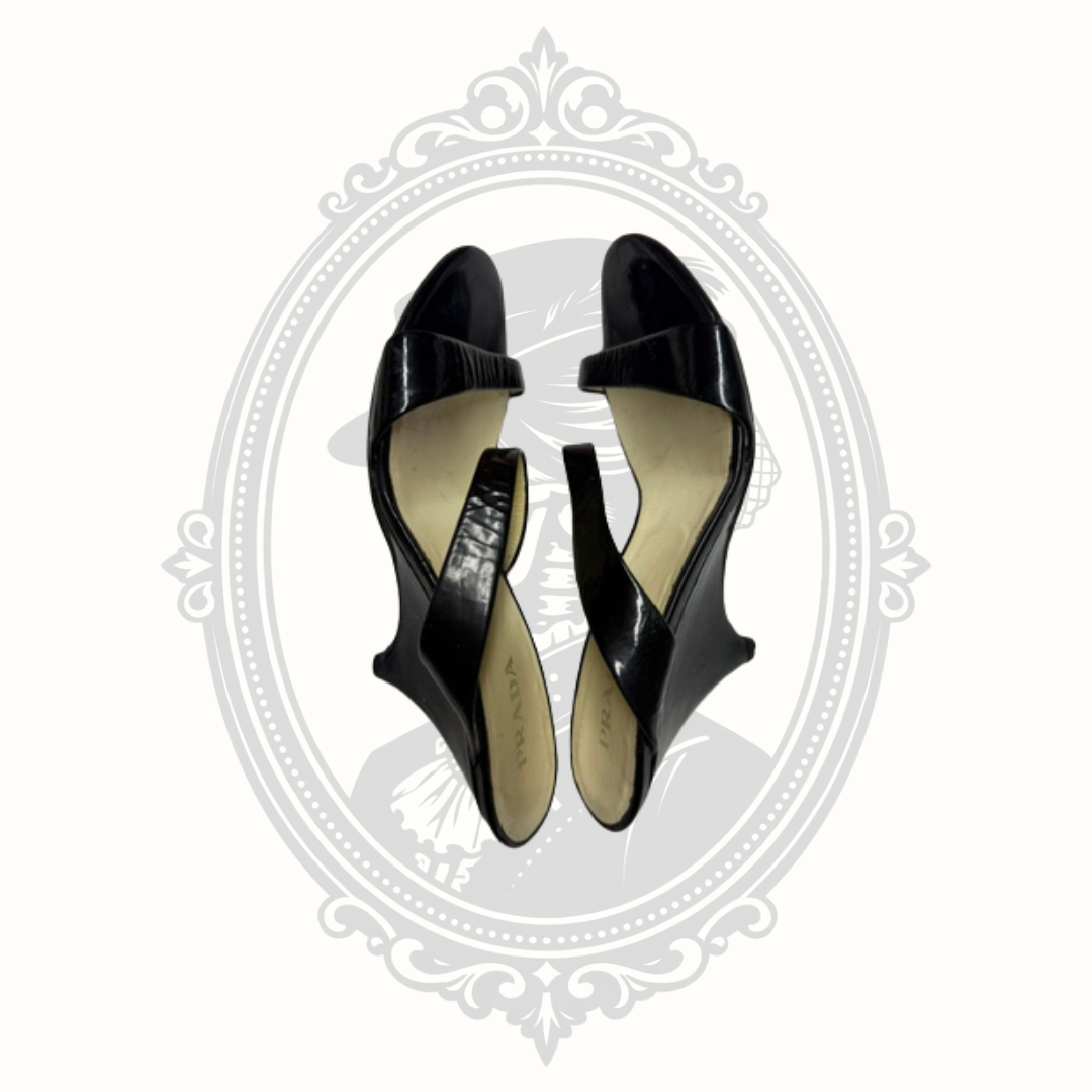 Prada Black Patent Leather Strappy Wedge Sandals – Women's EU 38