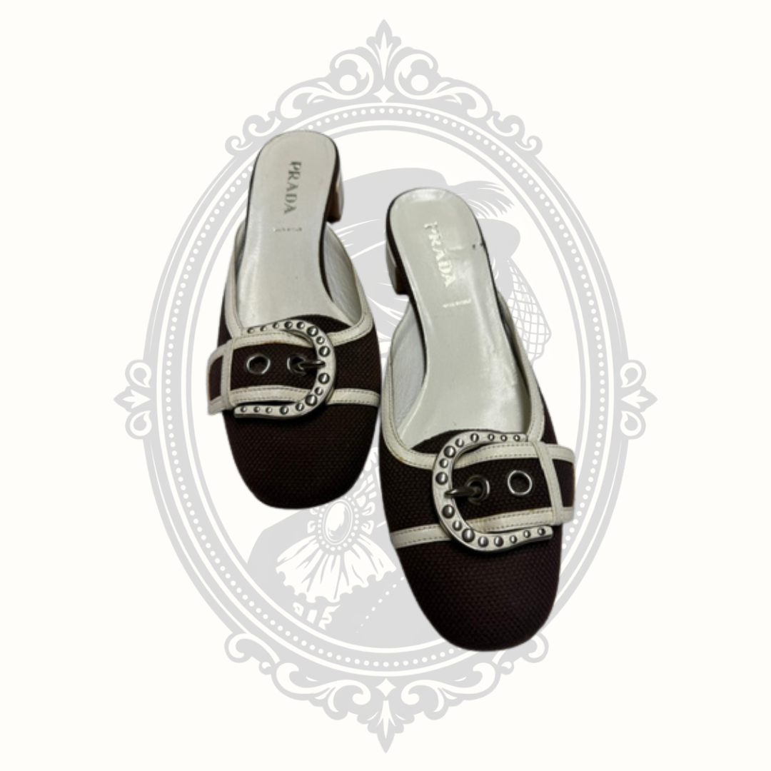 Prada chocolate brown and cream buckle mule shoes women's EU size 38