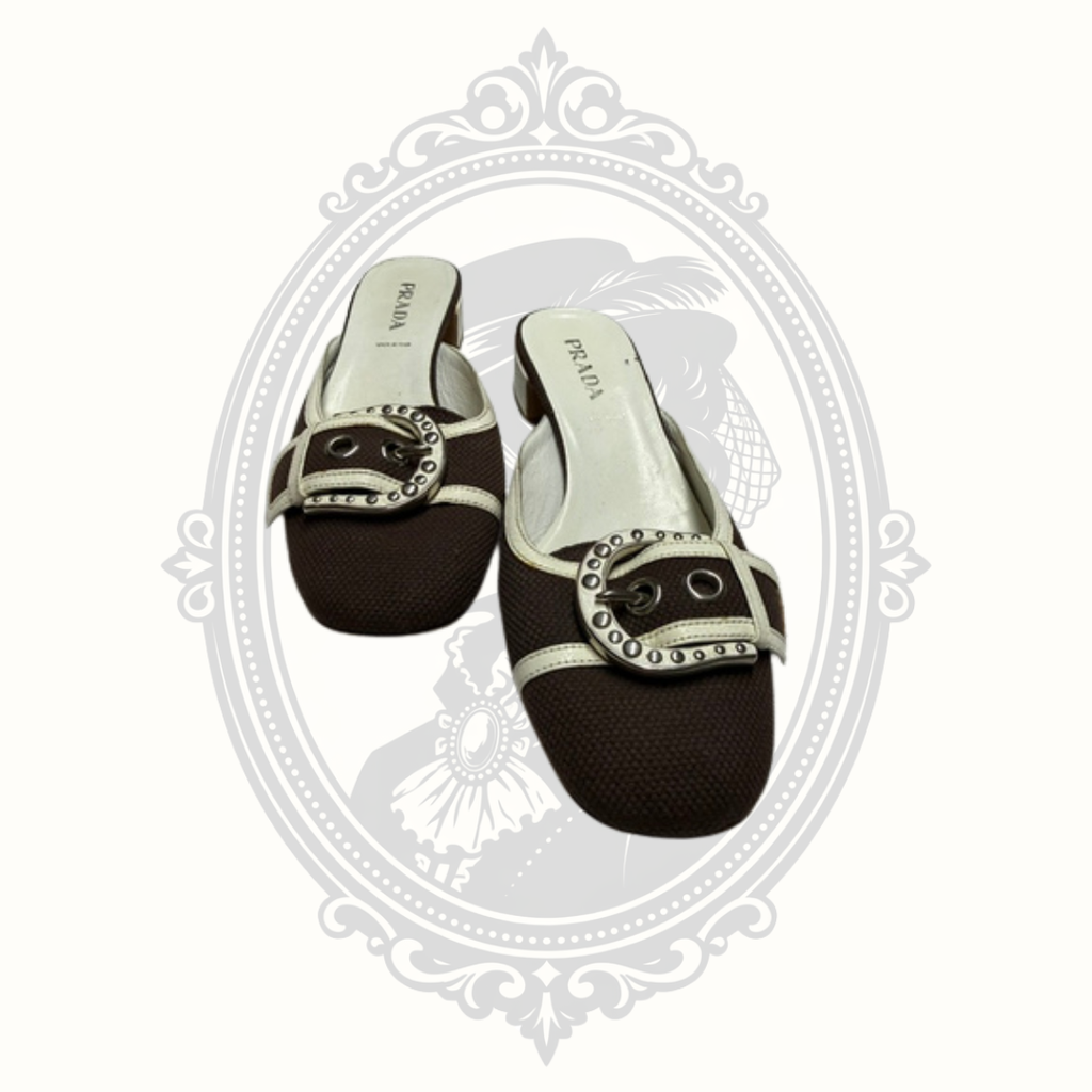 Prada brown and cream buckle mules front view EU size 38
