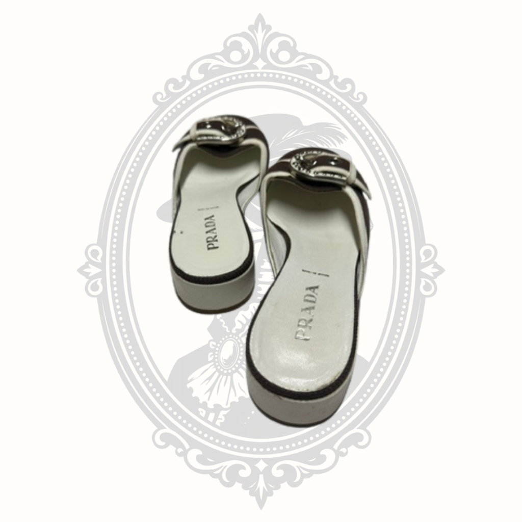 Prada brown cream mule shoes interior and heel view