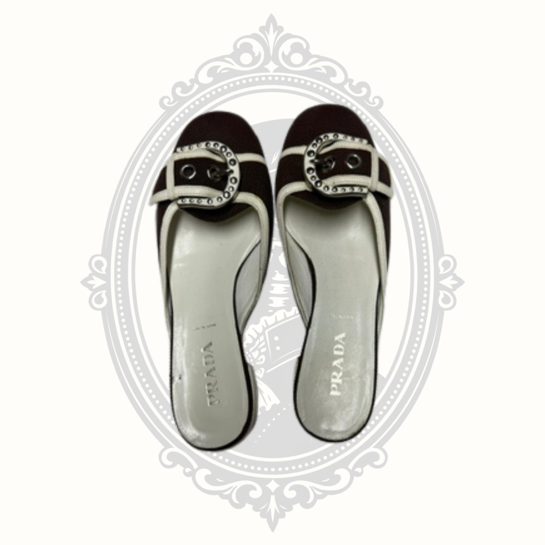 Prada buckle mule shoes top view chocolate brown and cream