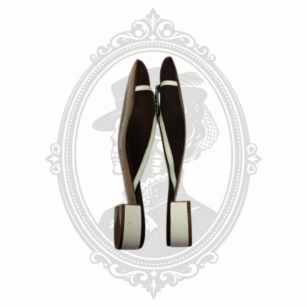 Prada chocolate brown cream mules opposite side profile