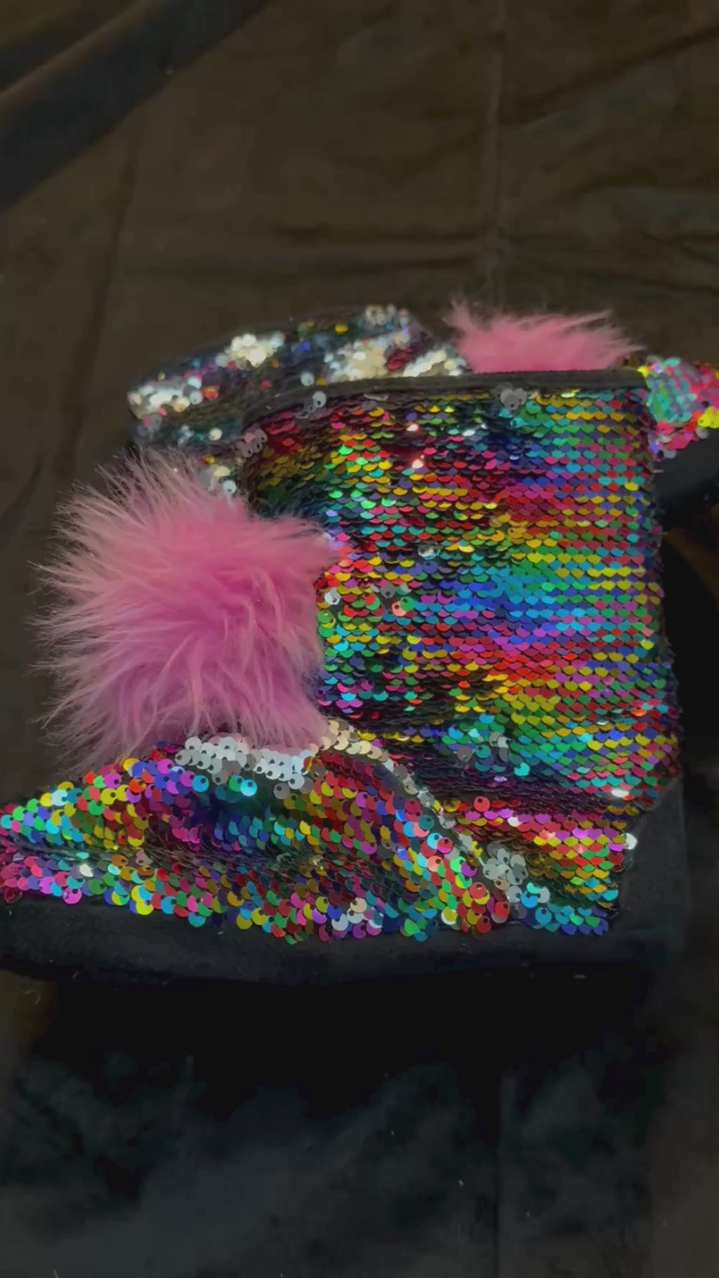 Justice Rainbow Sequin Slipper Boots | Girls Size 2/3 | Cozy Pom Pom House Shoes