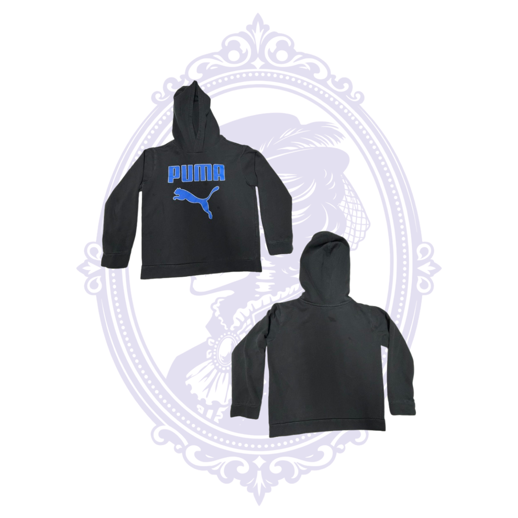 PUMA Boys Black & Blue Logo Pullover Hoodie – Size M (10–12)