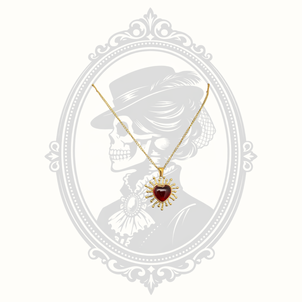 Full view of the gold plated necklace displaying the radiant red heart pendant.