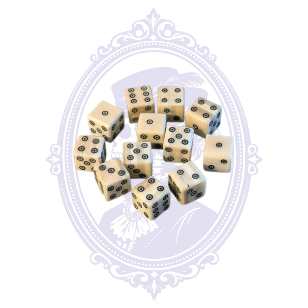 Twelve genuine water buffalo bone six-sided dice showing natural color and marking variations.