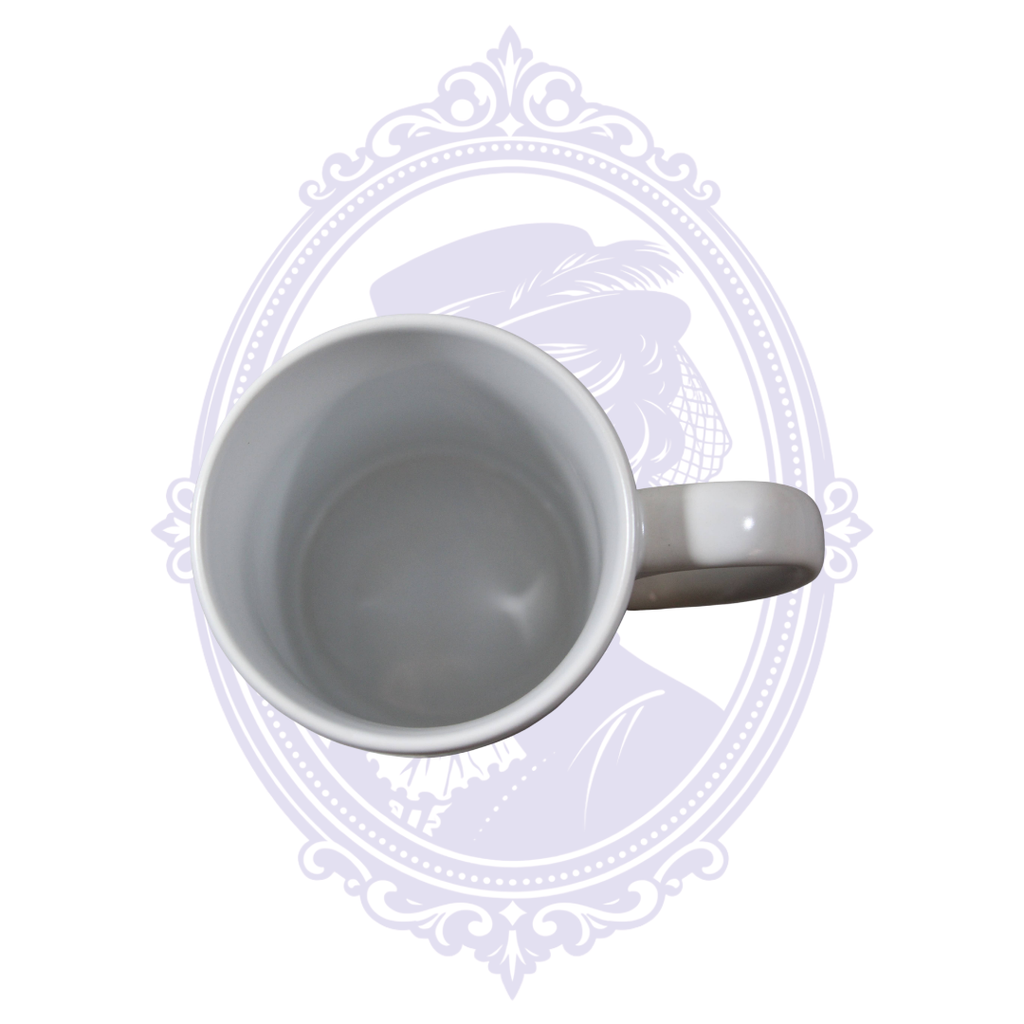 Top view of white 15 oz ceramic coffee mug featuring a wraparound vintage automobile advertising design.