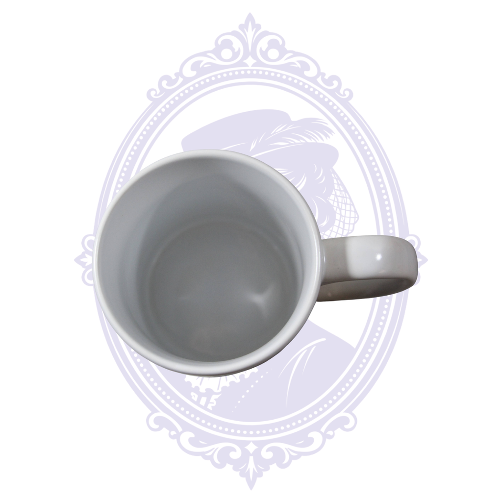 Top view showing the white ceramic interior and handle of the 15 oz retro sideshow poster coffee mug.
