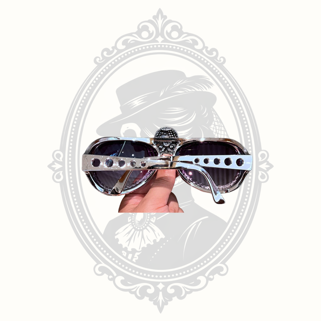 Rear view showing frame construction of rhinestone skull sunglasses