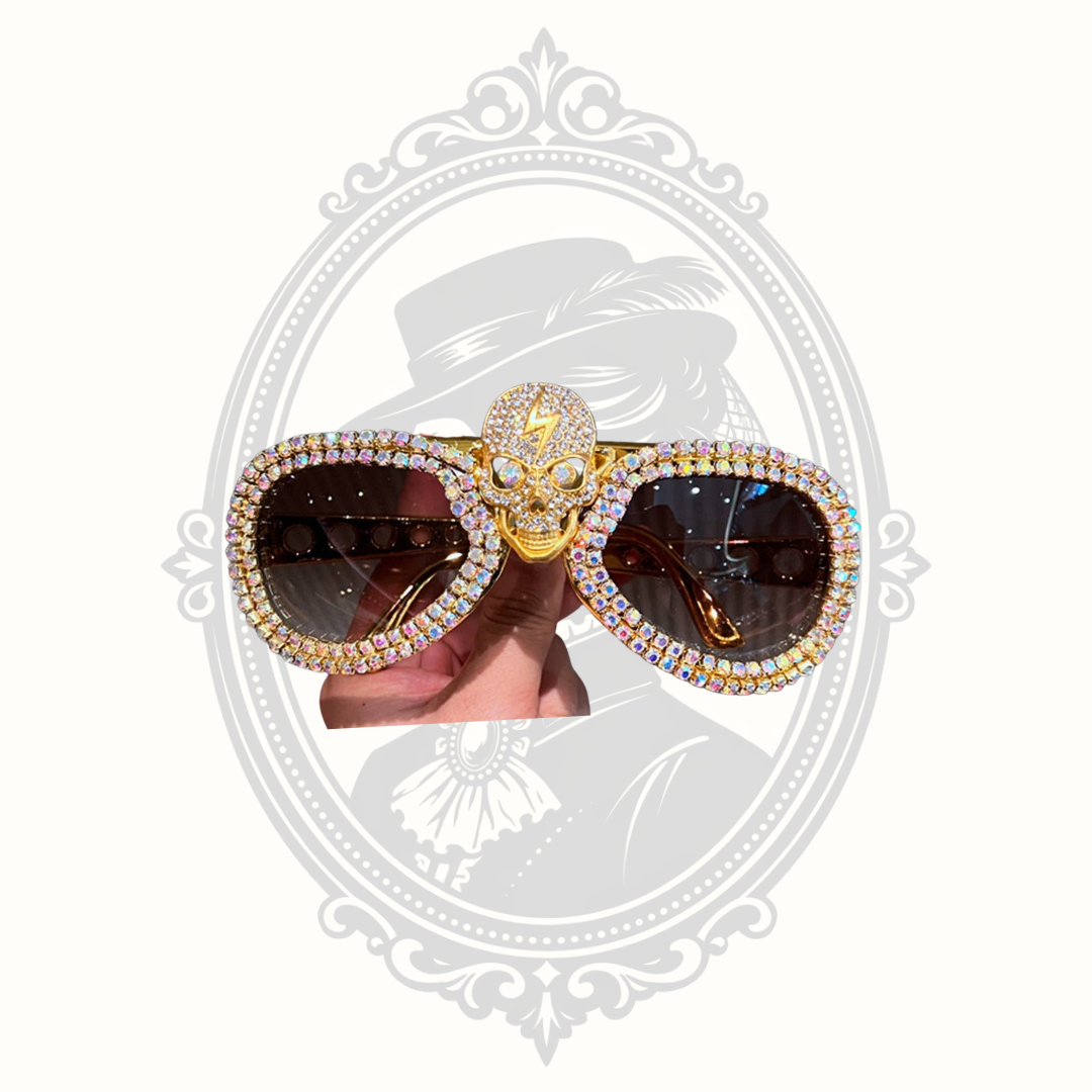 Gold iridescent rhinestone skull oversized cat eye sunglasses