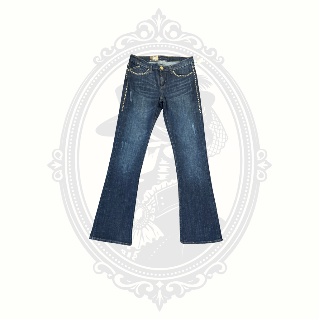 Rock and Republic bootcut jeans front view dark blue denim studded detail