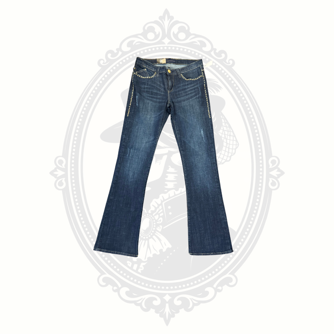 Rock and Republic bootcut jeans front view dark blue denim studded detail