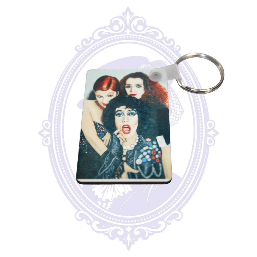 Handmade Rocky Horror Picture Show character keychain with silver-tone key ring