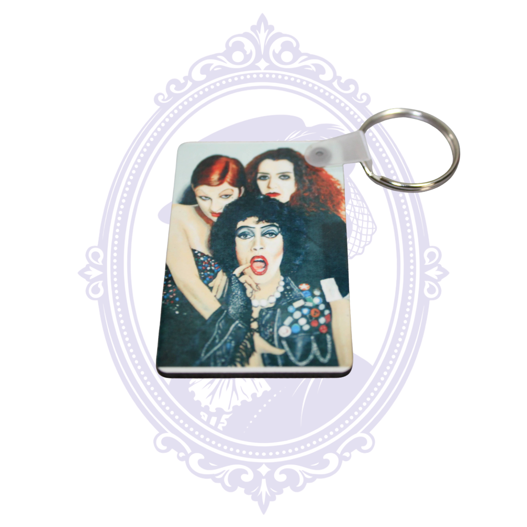 Handmade Rocky Horror Picture Show character keychain with silver-tone key ring