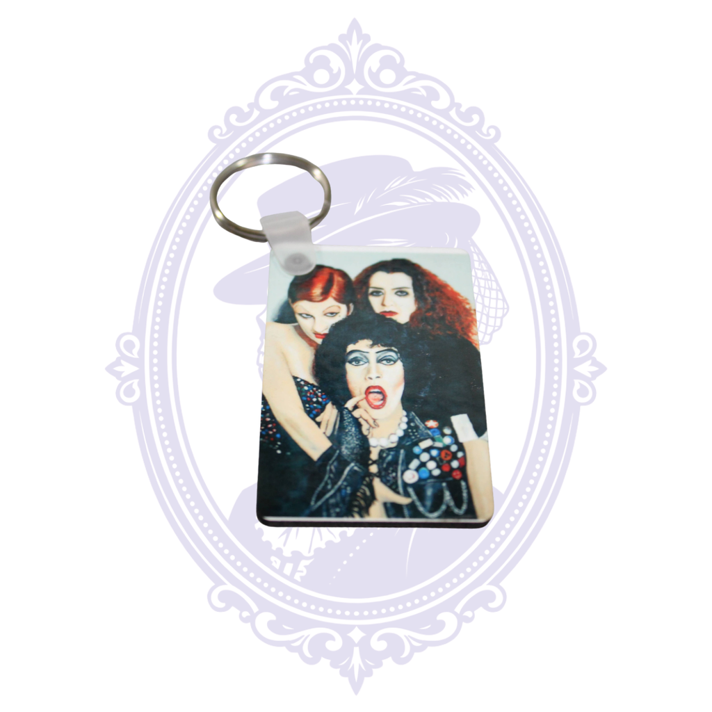 Rocky Horror Picture Show keychain featuring Frank-N-Furter, Magenta and Columbia
