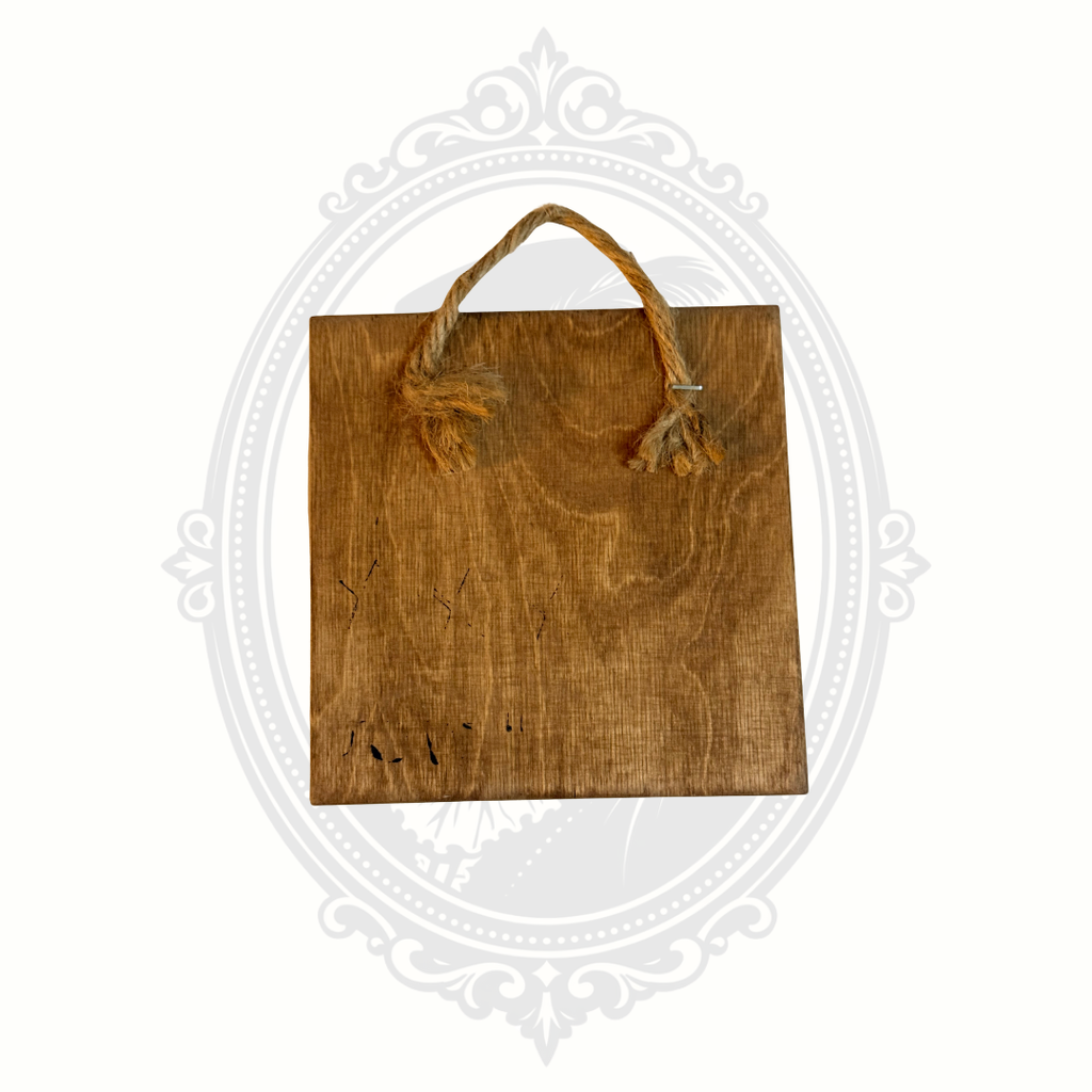 Back of rustic wooden novelty wall sign showing natural wood grain and attached rope hanger