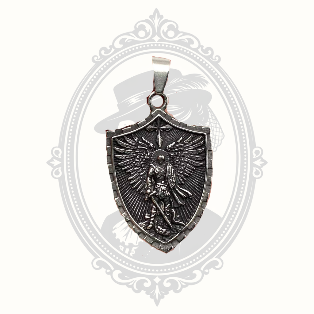 Front view of a Saint Michael Archangel shield pendant in 316L stainless steel.