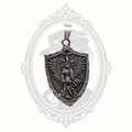 Front view of a Saint Michael Archangel shield pendant in 316L stainless steel.