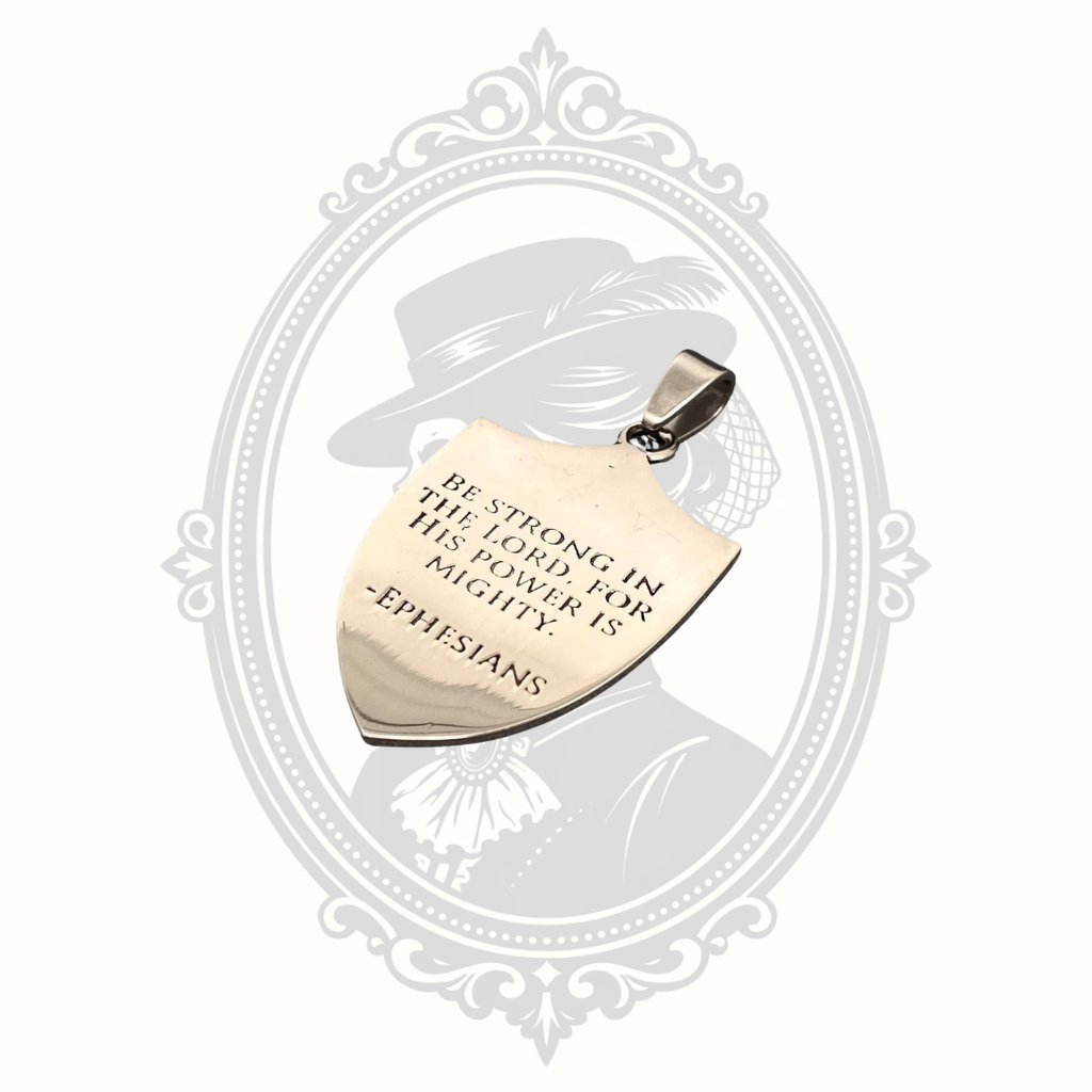 Back of Saint Michael shield pendant engraved with an inspirational verse from Ephesians.