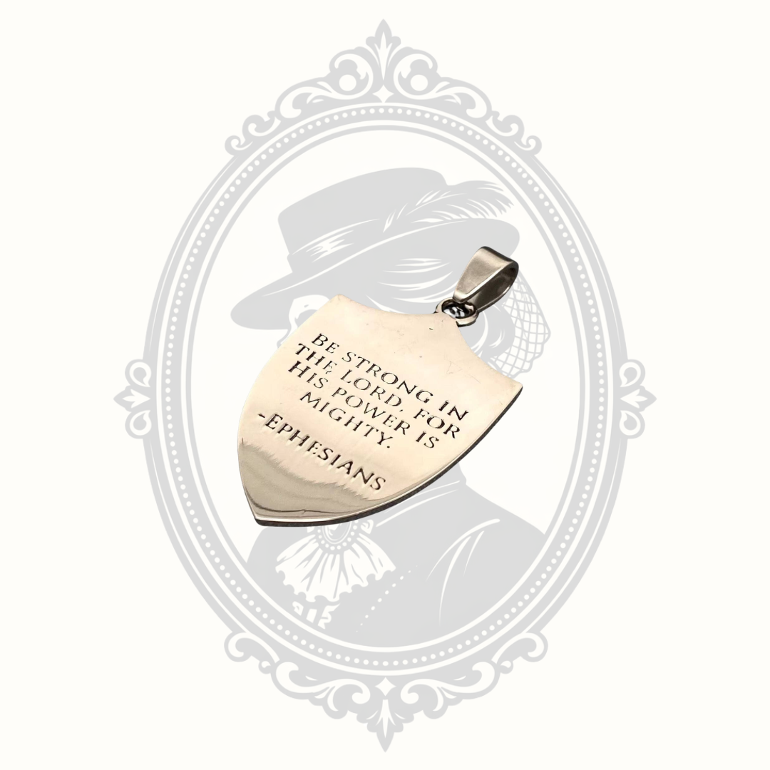 Back of Saint Michael shield pendant engraved with an inspirational verse from Ephesians.